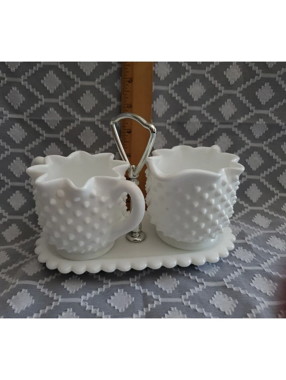 Vtg Fenton Hobnail Milkglass Creamer/Sugar With Tray